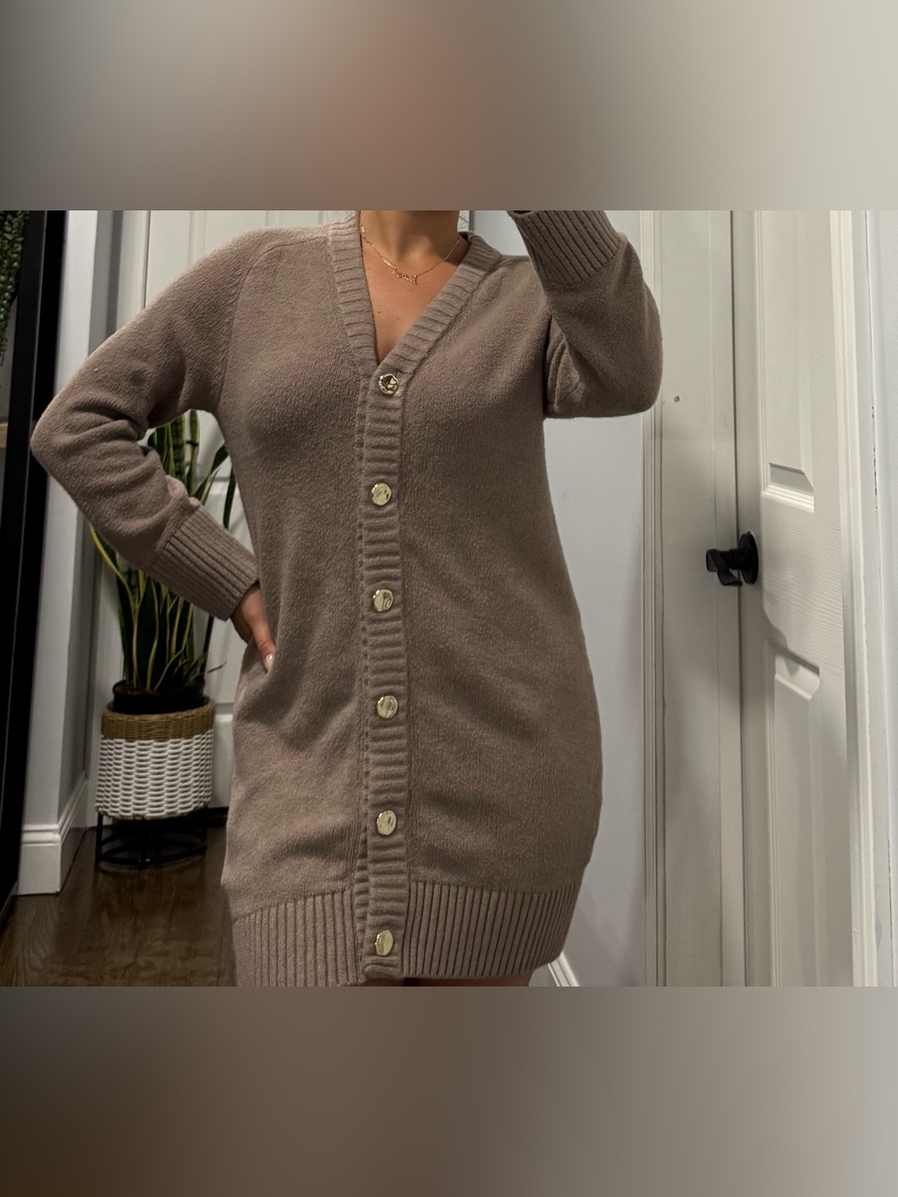 Abercrombie & Fitch Taupe Button-Up V-Neck Cardigan Dress